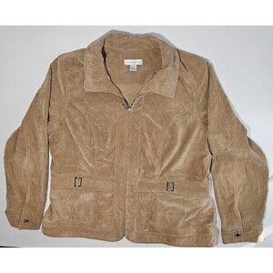 CJ Banks Beige Tan Corduroy Zip-Up Jacket Plus Size XL Lined Pockets BucklesC145